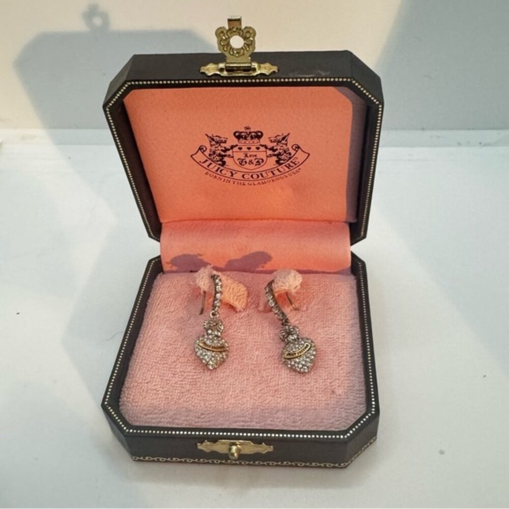 Juicy Couture Vintage Y2K NEW Pave Dangle Heart Drop Earrings Silver Gold Gold